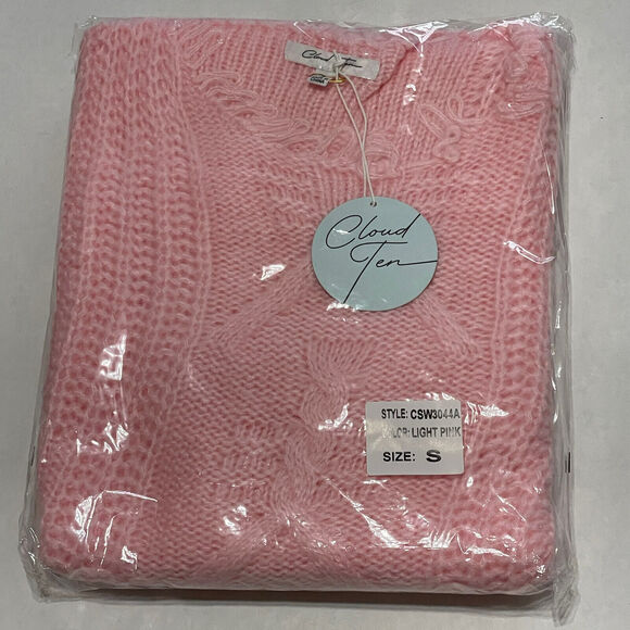 Cloud Ten Pink Oversized Distressed Long Bell Sleeves Knit Sweater NWT Size S - Picture 6 of 9